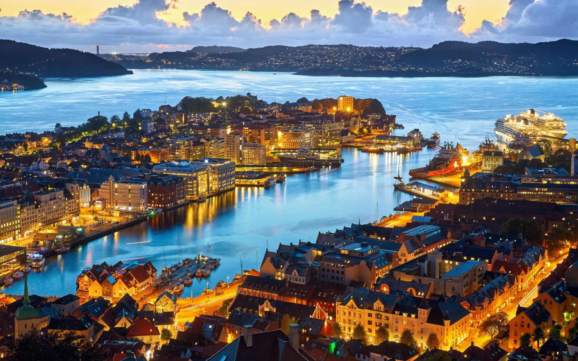 Old city Bergen at sunset